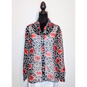 Vintage Blouse - Sheer Red Black and White Abstract Floral Button Career Top - M